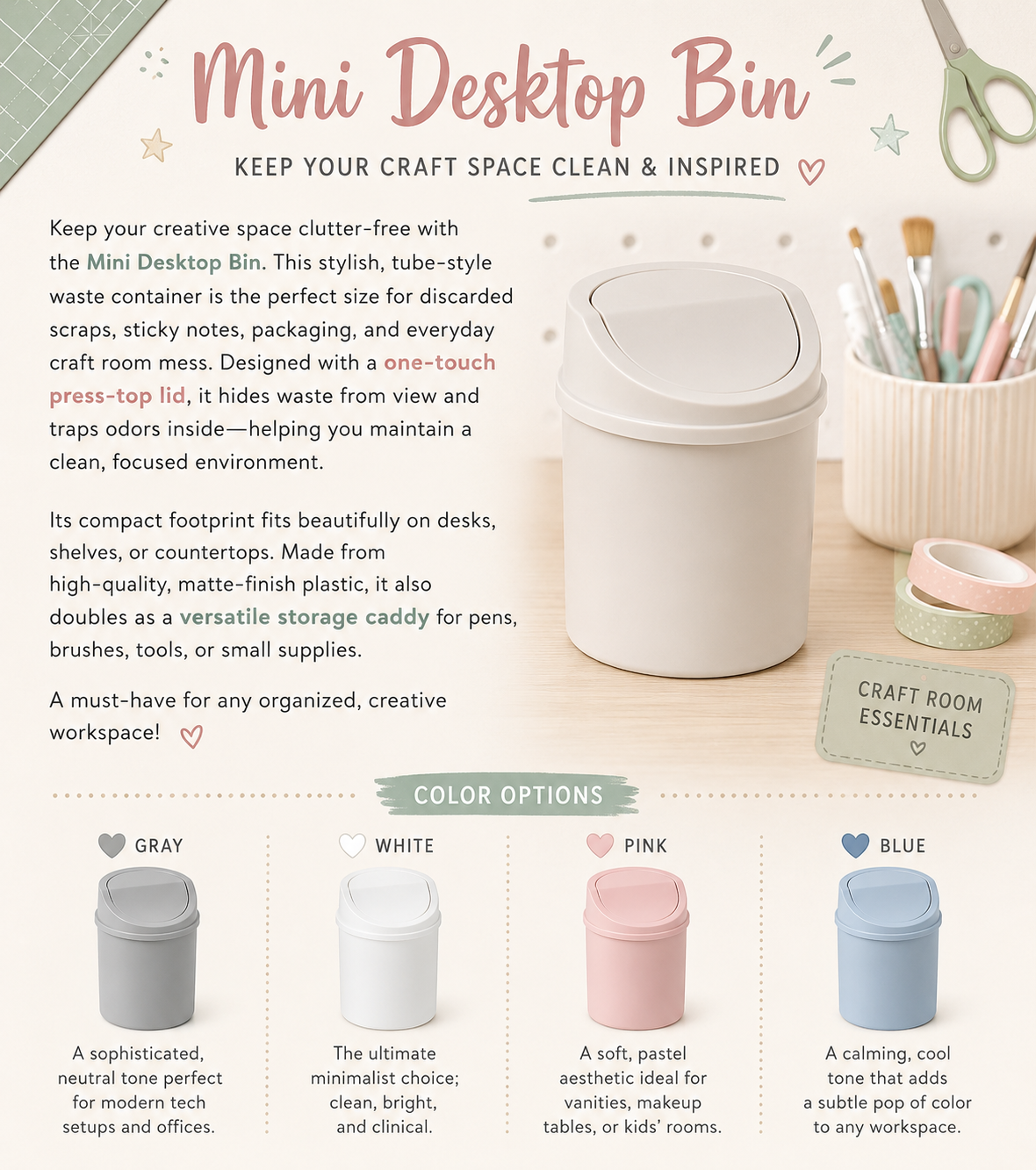 Mini Craft Scrap Bin with Press-Top Lid – Desktop Waste Bin for Craft Rooms & Creative Workspaces