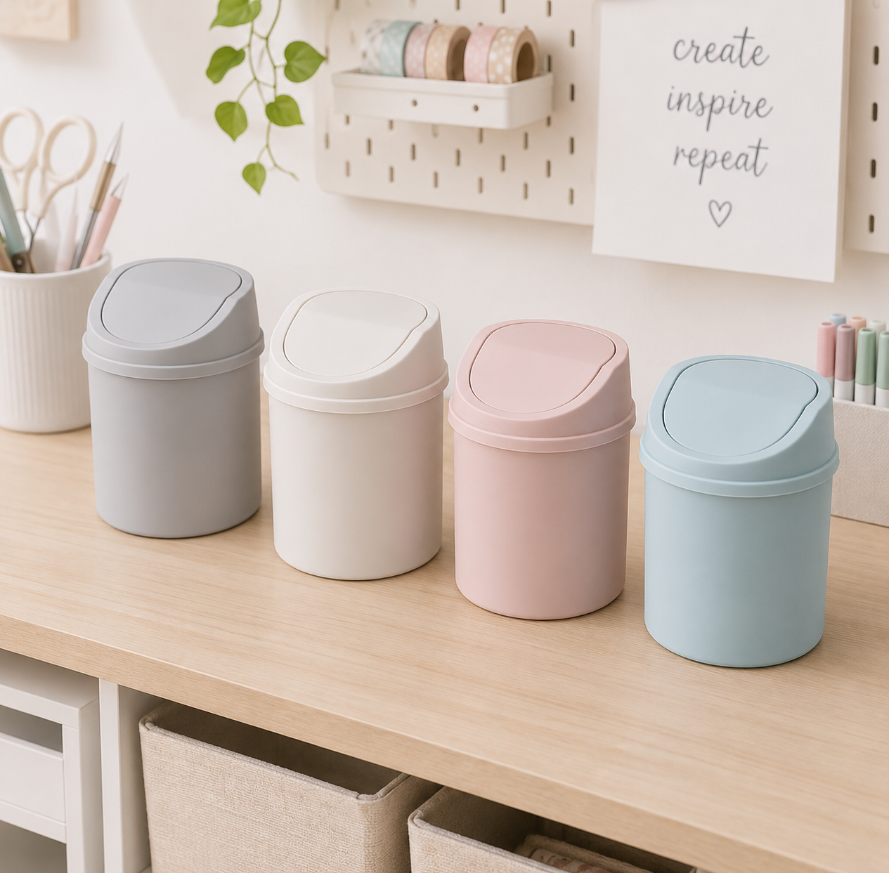 Mini Craft Scrap Bin with Press-Top Lid – Desktop Waste Bin for Craft Rooms & Creative Workspaces