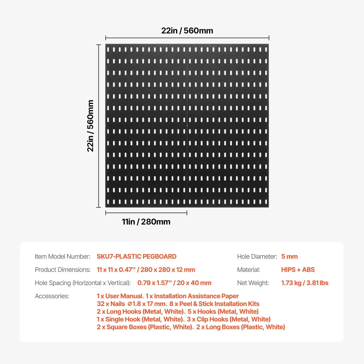 VEVOR Pegboard Combination Kit - (4 Panels, 280 x 280 mm)-BLACk